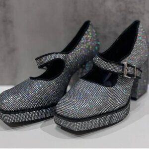 NWOT GB Gianni Bini Black Silver Rhinestone Platform Shoes Mary Jane’s Size 6.0